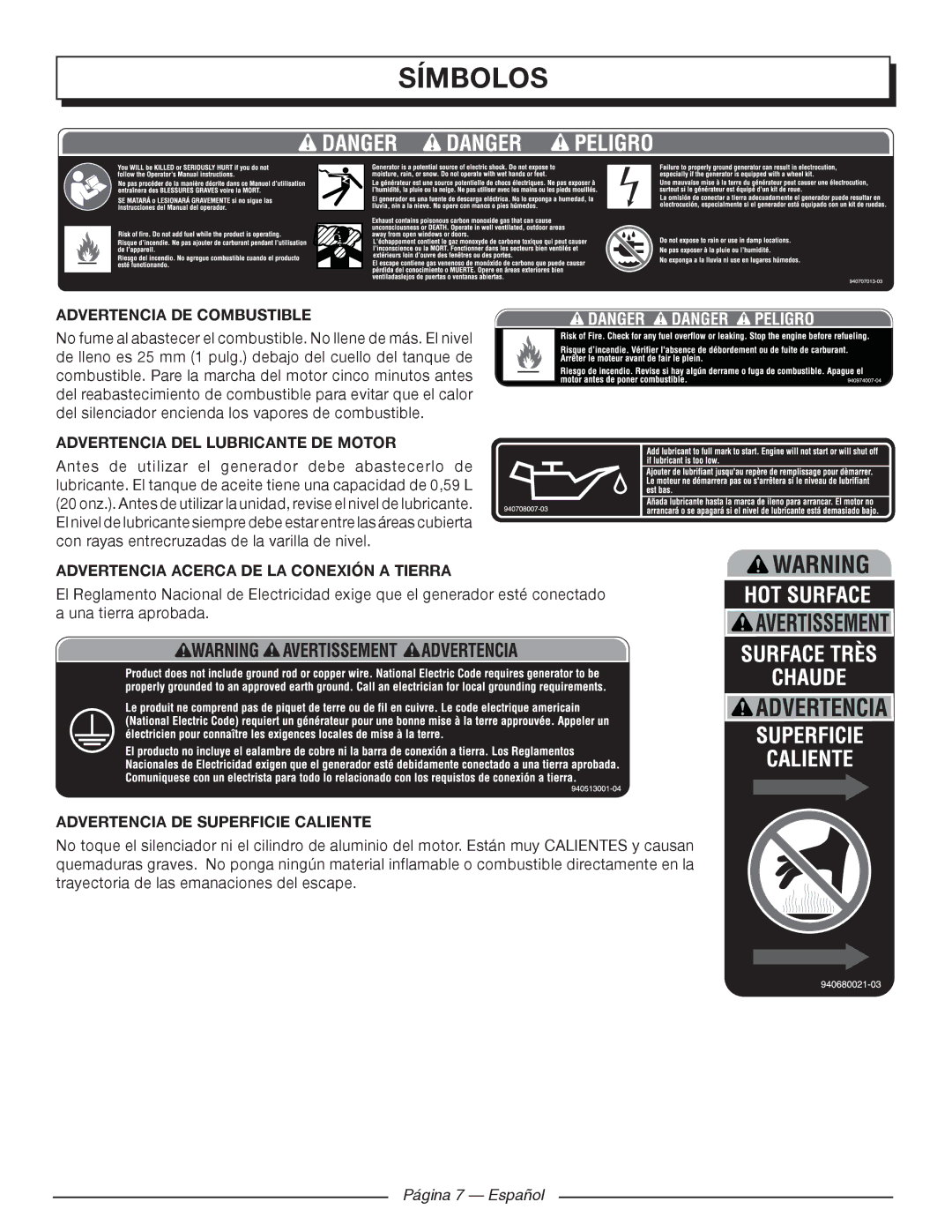 Homelite UT903611 Advertencia DE Combustible, Advertencia DEL Lubricante DE Motor, Advertencia DE Superficie Caliente 