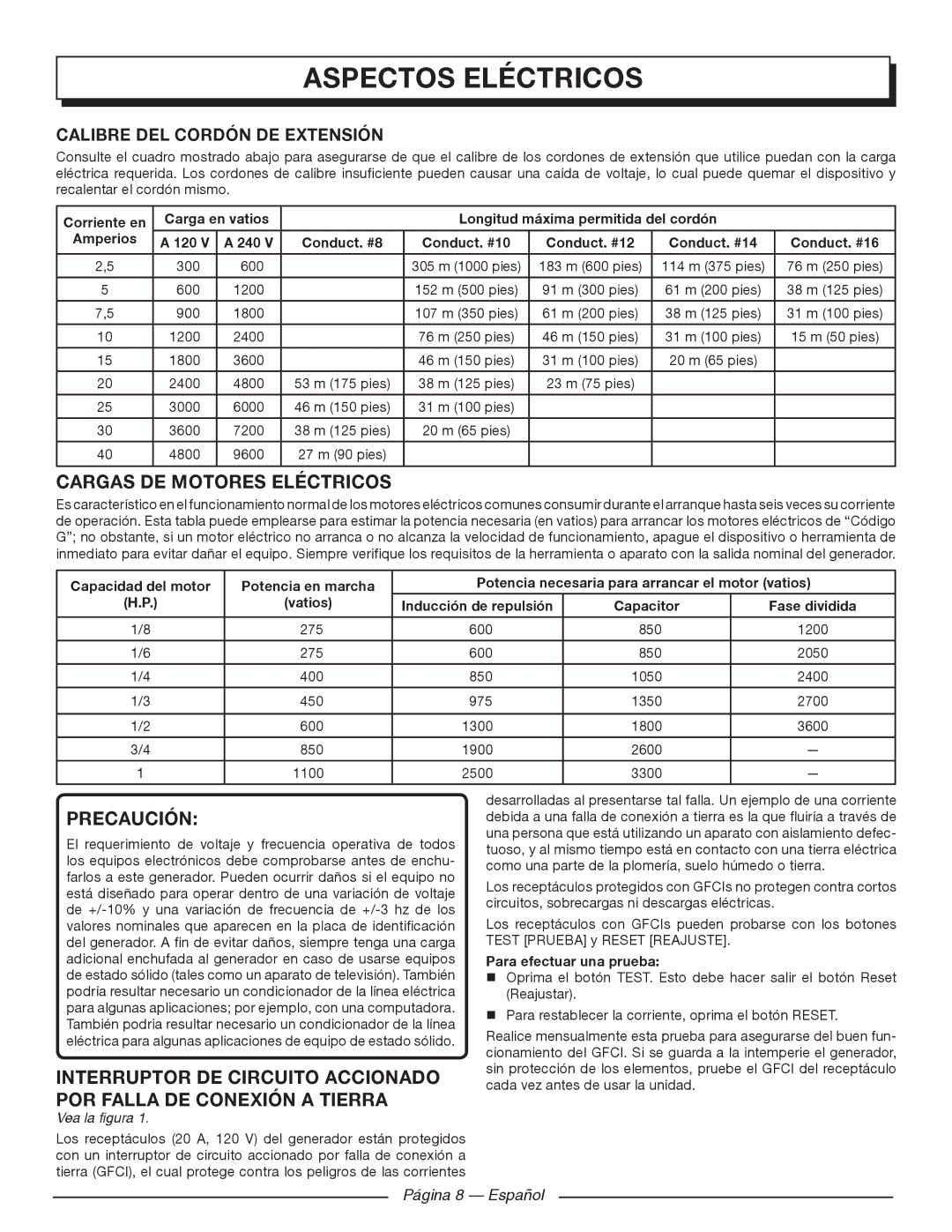 Homelite UT903611 Aspectos Eléctricos, Cargas DE Motores Eléctricos, Calibre DEL Cordón DE Extensión, Página 8 Español 