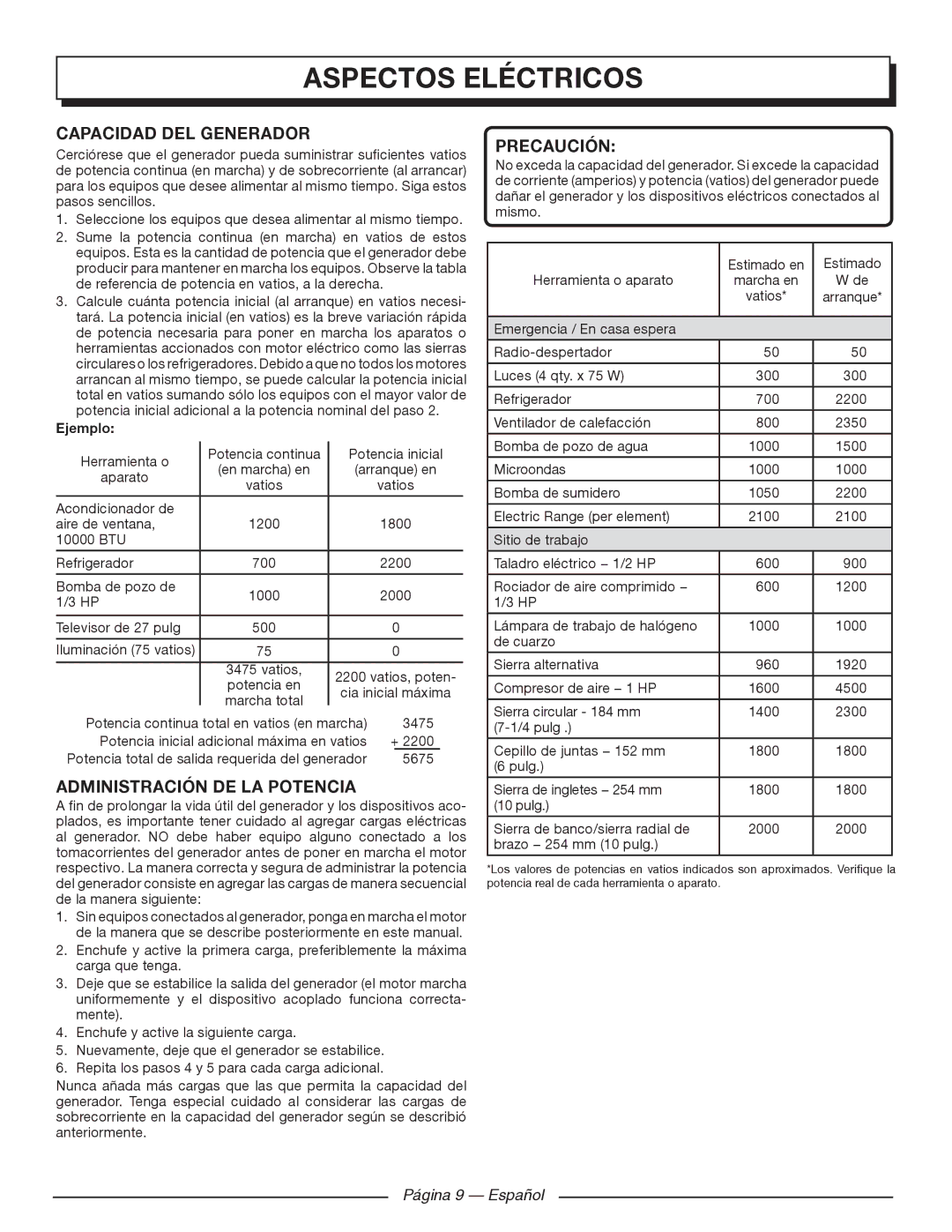 Homelite UT903611 manuel dutilisation Capacidad DEL Generador, Administración DE LA Potencia, Precaución, Página 9 Español 