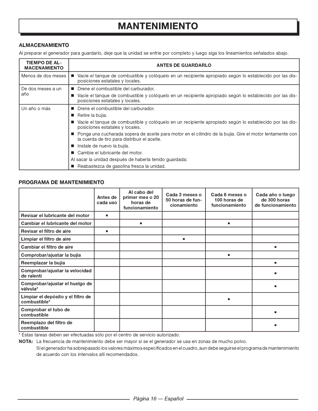 Homelite UT903611 manuel dutilisation Almacenamiento, Programa DE Mantenimiento, Página 16 Español 