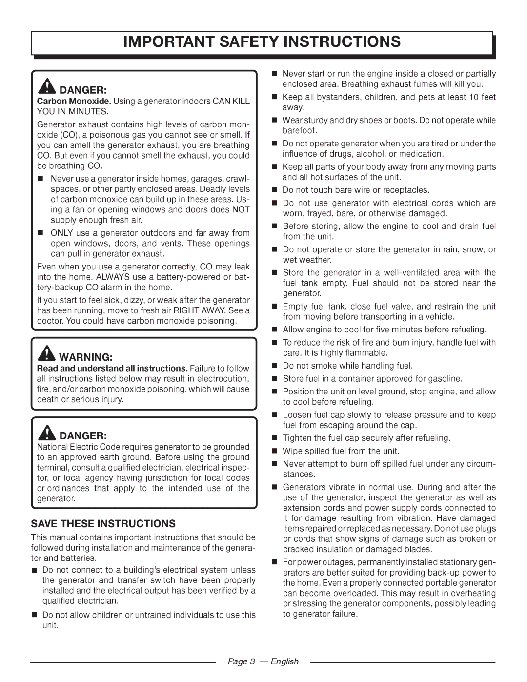 Homelite UT903611 manuel dutilisation Important Safety Instructions, English 