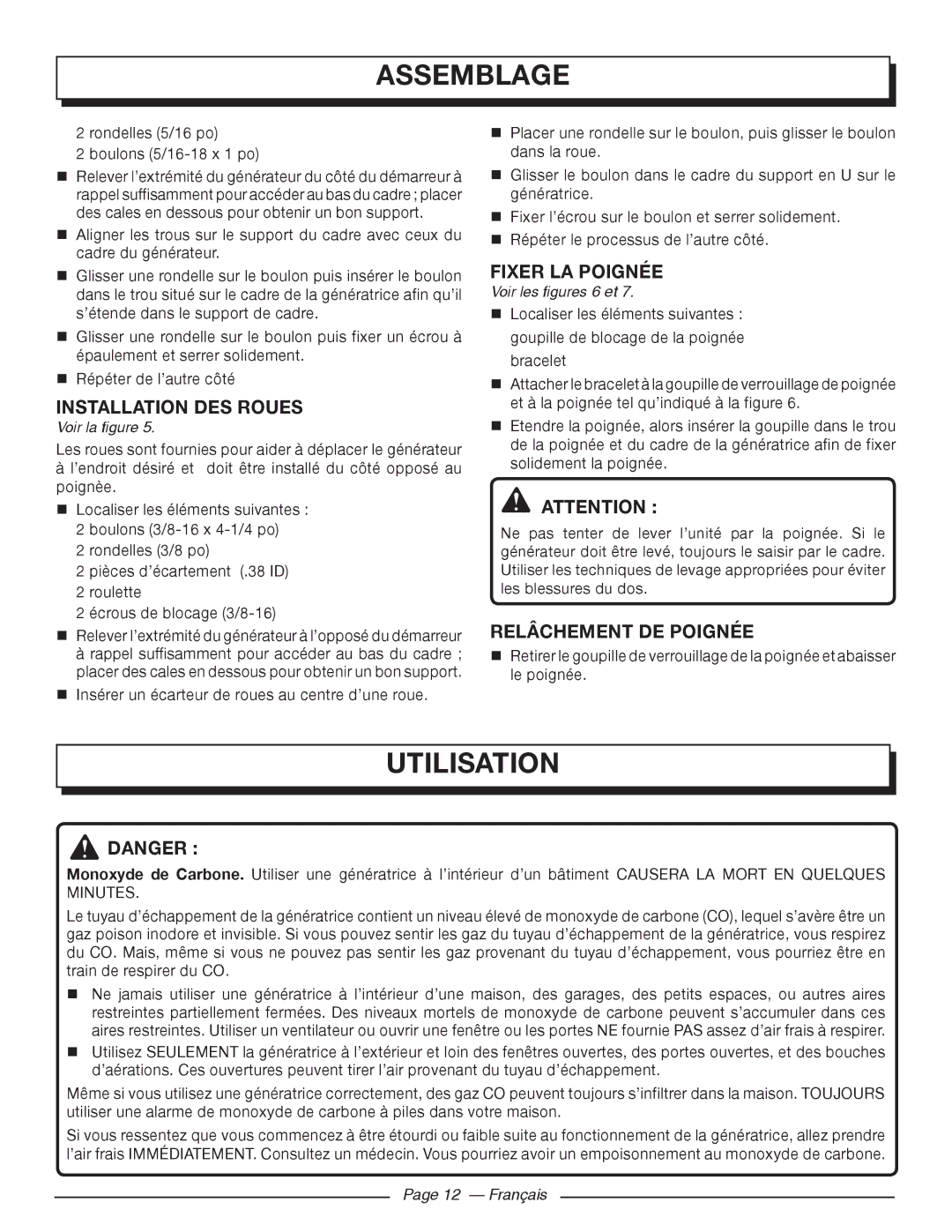 Homelite UT903650 manuel dutilisation Utilisation, Installation DES Roues, Fixer LA Poignée, Relâchement DE Poignée 