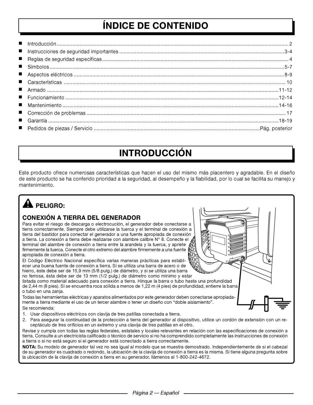 Homelite UT903650 Índice DE Contenido, Introducción, Peligro Conexión a Tierra DEL Generador, Pág. posterior 