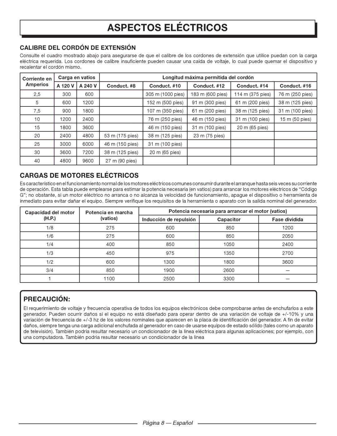 Homelite UT903650 Aspectos Eléctricos, Cargas DE Motores Eléctricos, Calibre DEL Cordón DE Extensión, Página 8 Español 