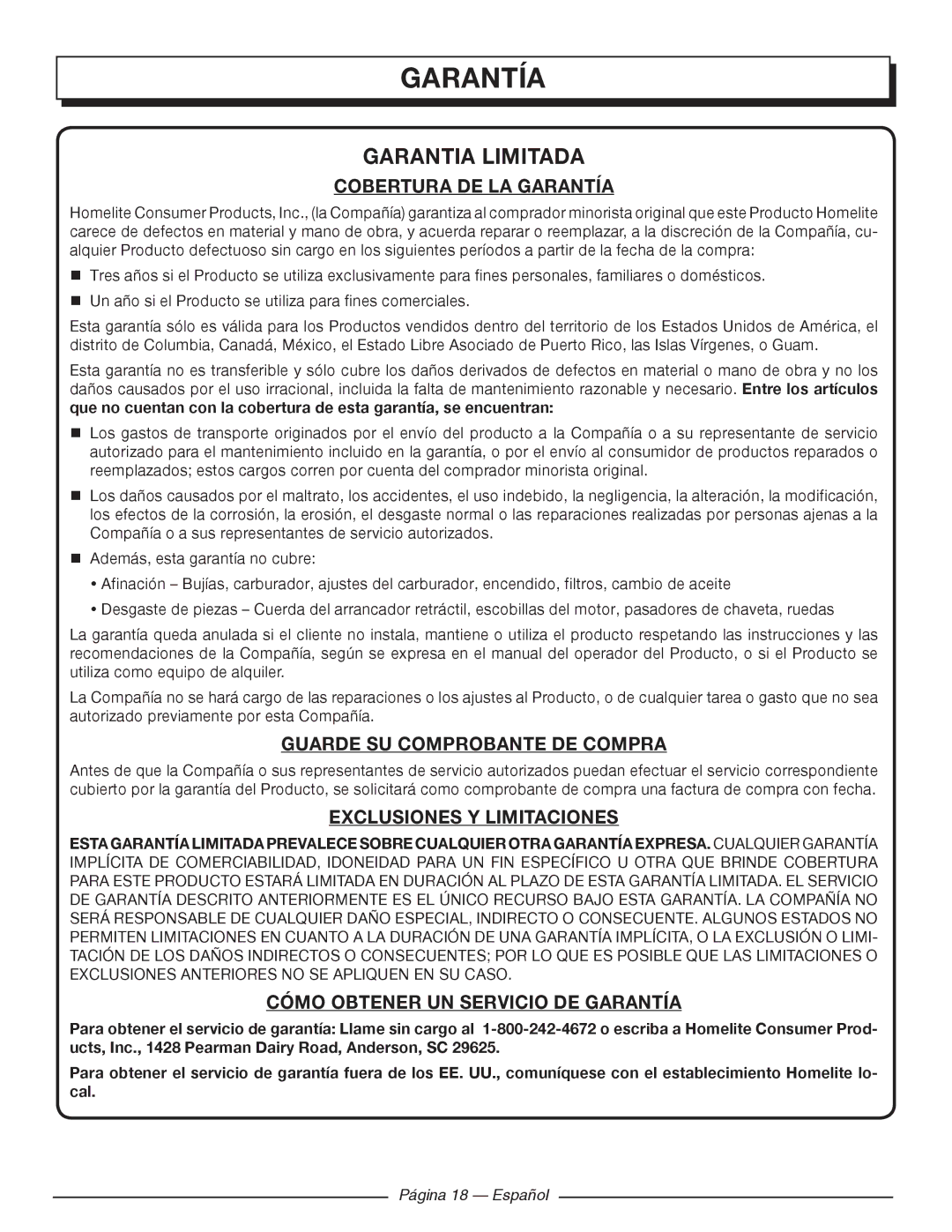 Homelite UT903650 Cobertura DE LA Garantía, Guarde SU Comprobante DE Compra, Exclusiones Y Limitaciones 