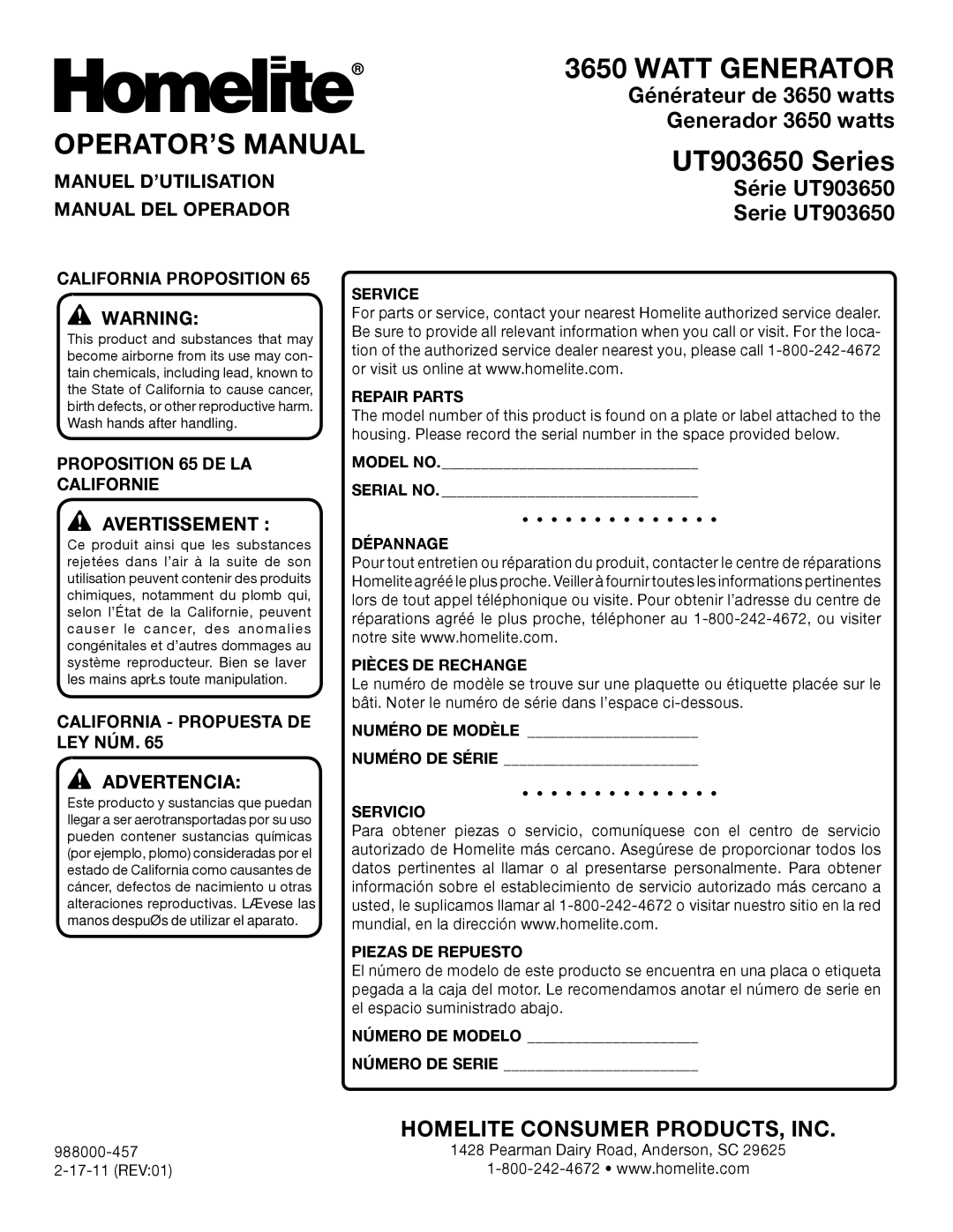 Homelite UT903650 manuel dutilisation OPERATOR’S Manual, Manuel D’UTILISATION, Manual DEL Operador, Avertissement  