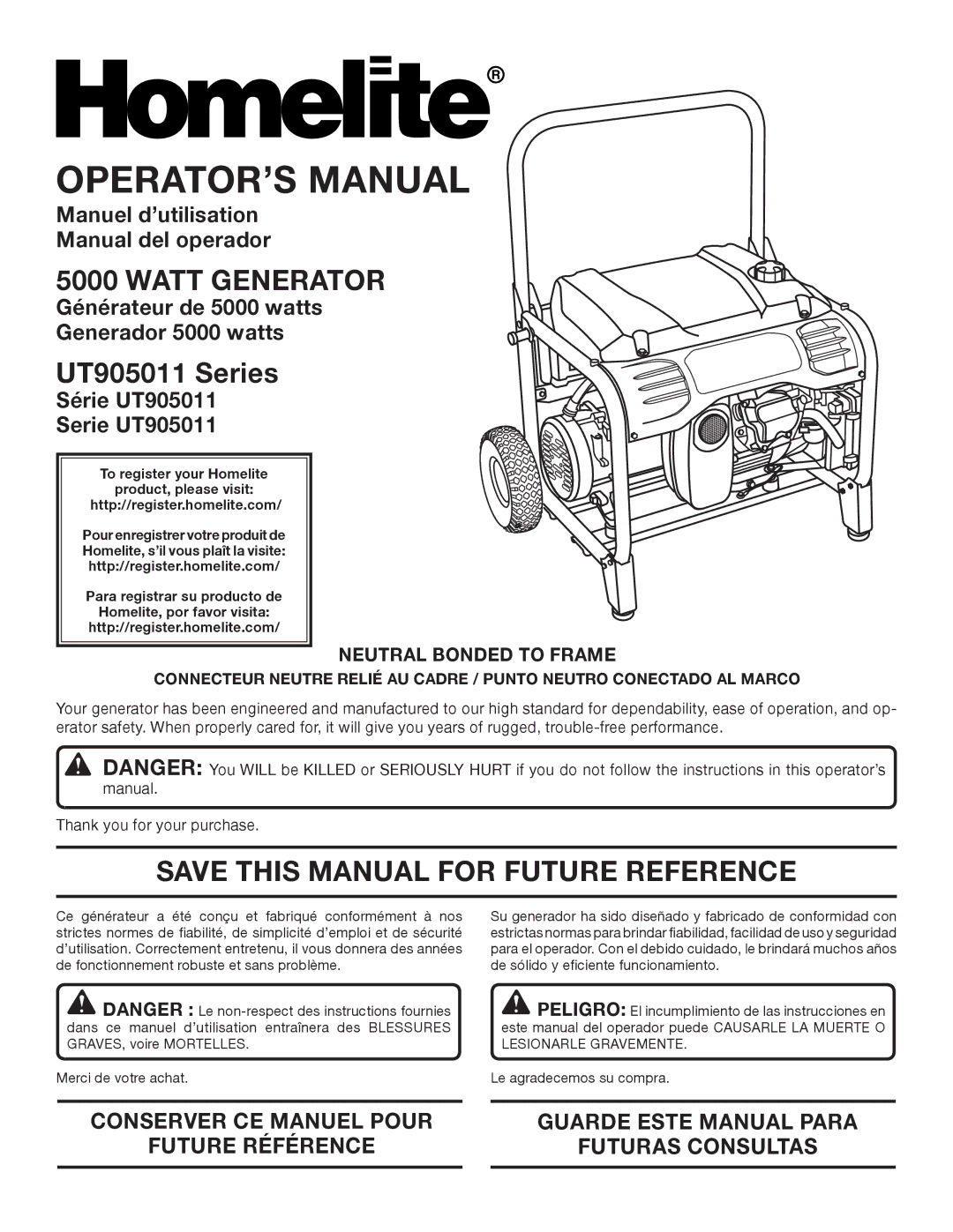 Homelite UT905011 manuel dutilisation Watt Generator, Save this Manual for Future Reference, Neutral Bonded to Frame 