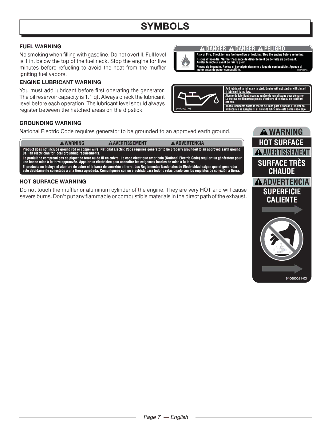 Homelite UT905011 Fuel Warning, Engine Lubricant Warning, Grounding Warning, HOT Surface Warning, English 