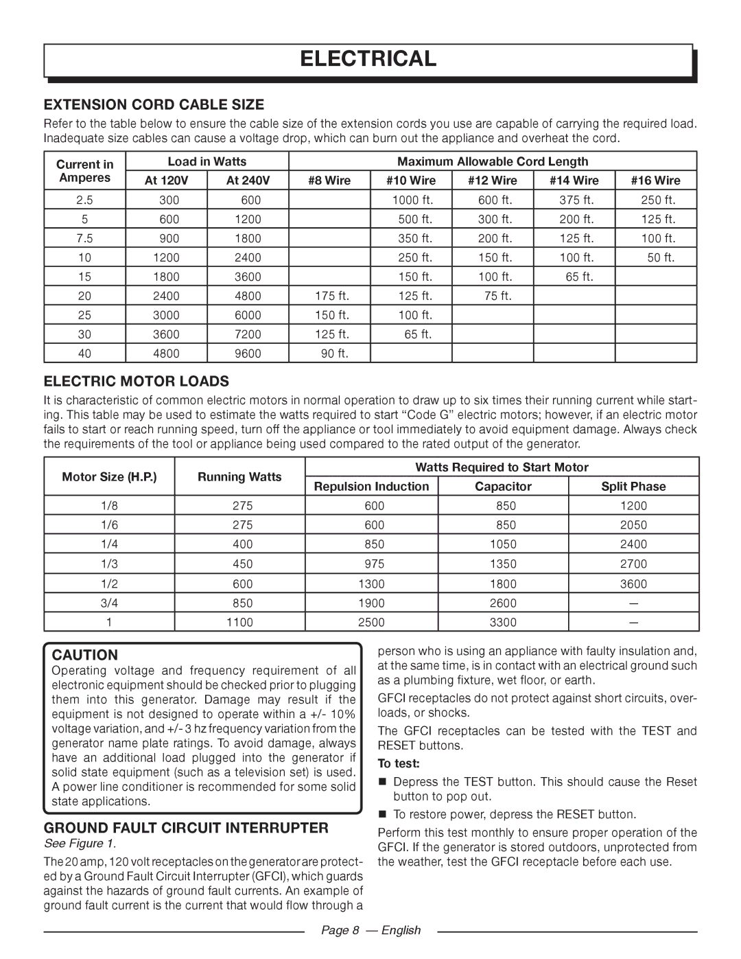 Homelite UT905011 Electrical, Extension Cord Cable Size, Electric Motor Loads, Ground Fault Circuit Interrupter 