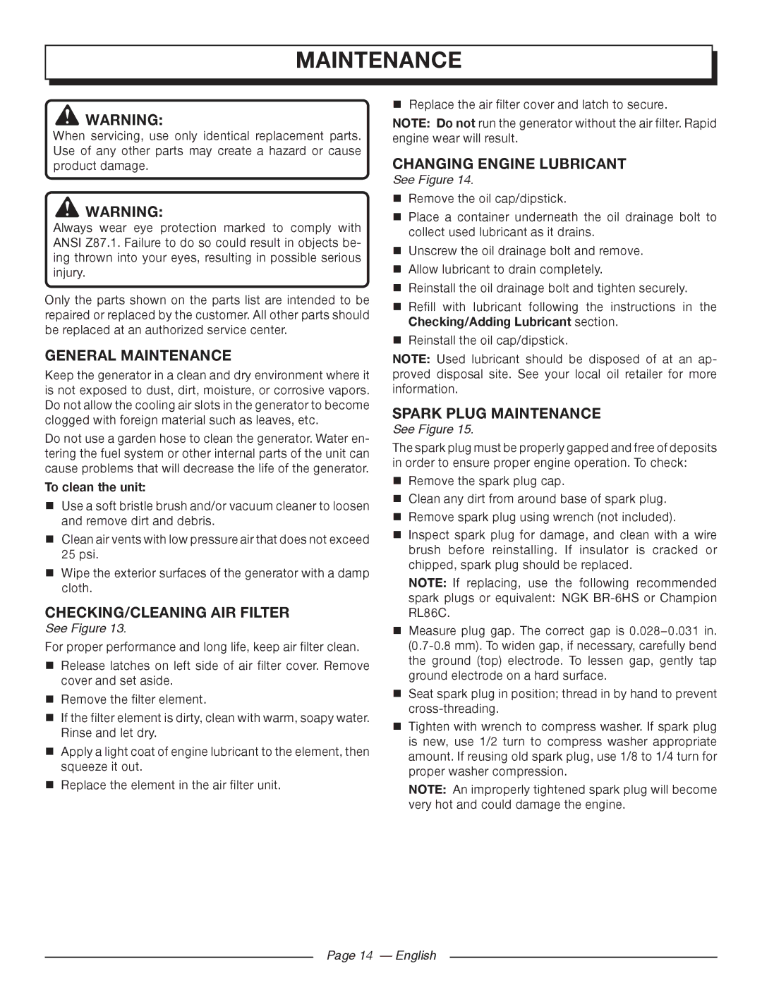 Homelite UT905011 General Maintenance, CHECKING/CLEANING AIR Filter, Changing Engine Lubricant, Spark Plug Maintenance 