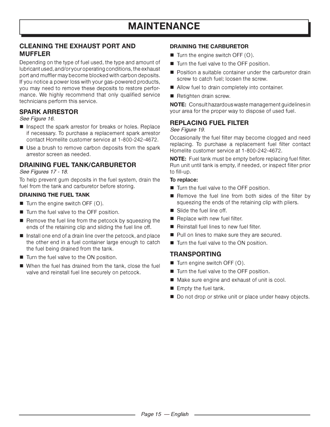 Homelite UT905011 Cleaning the Exhaust Port and Muffler, Spark Arrestor, Draining Fuel TANK/CARBURETOR, Transporting 