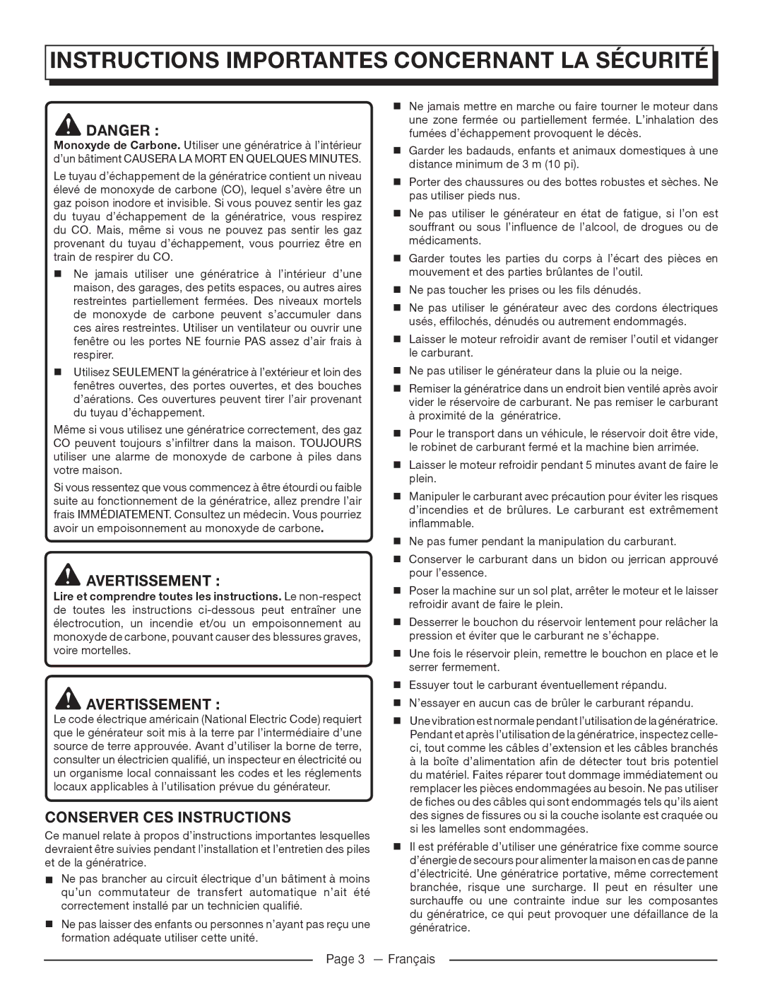 Homelite UT905011 Instructions Importantes Concernant LA Sécurité, Avertissement, Conserver CES Instructions 