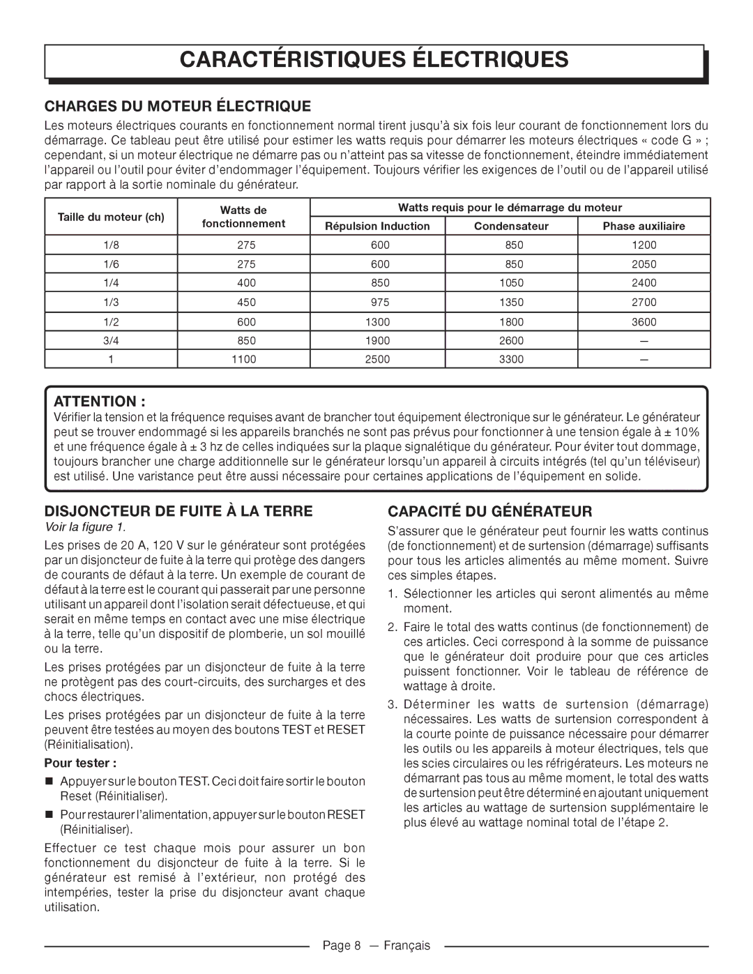 Homelite UT905011 Charges DU Moteur Électrique, Disjoncteur DE Fuite À LA Terre, Capacité DU Générateur, Voir la figure 