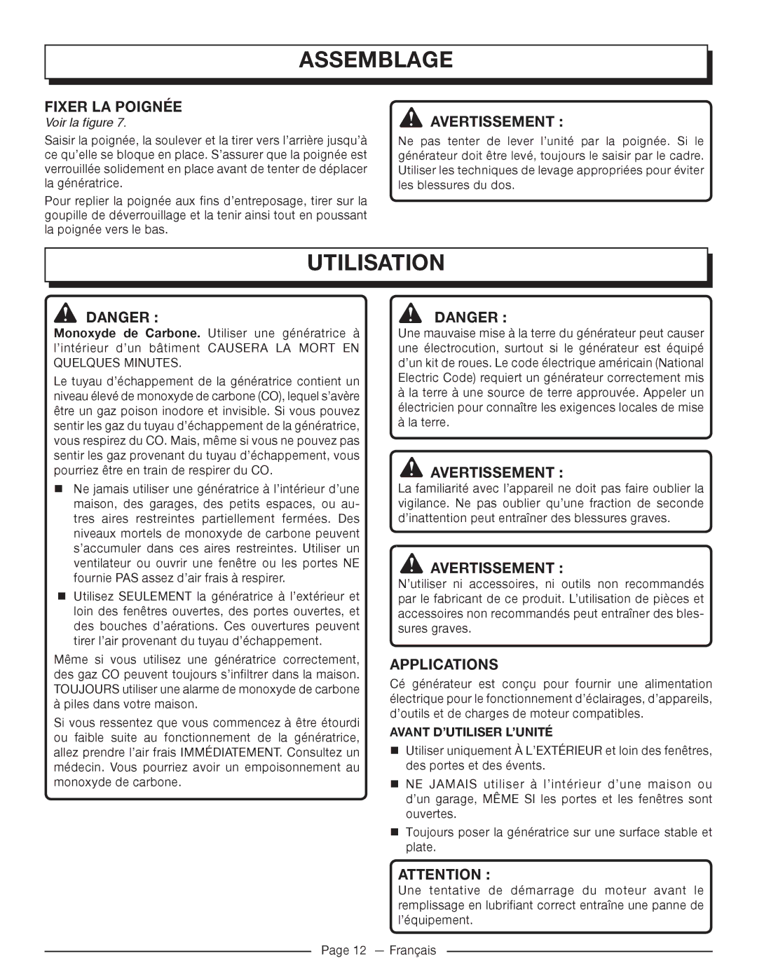 Homelite UT905011 manuel dutilisation Utilisation, Fixer LA Poignée, Avant D’UTILISER L’UNITÉ 