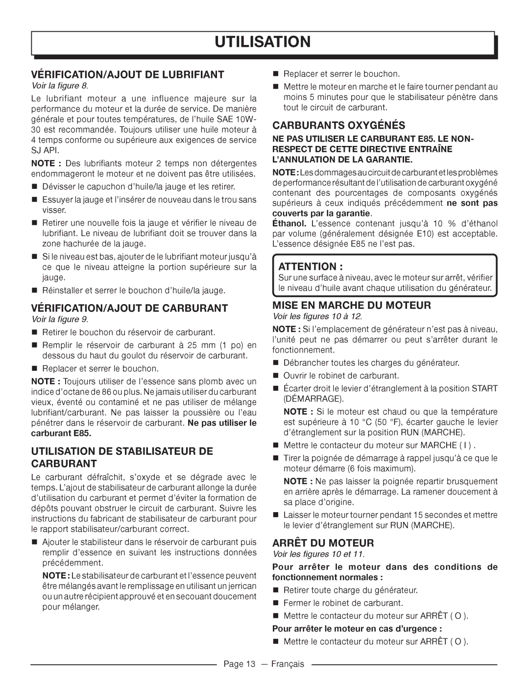 Homelite UT905011 VÉRIFICATION/AJOUT DE Lubrifiant, Carburants Oxygénés, Utilisation DE Stabilisateur DE, Arrêt DU Moteur 