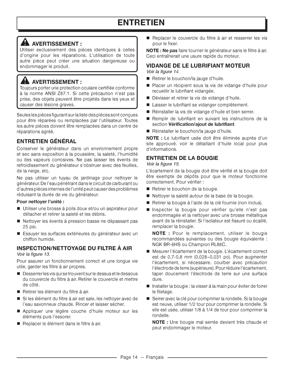 Homelite UT905011 Entretien Général, INSPECTION/NETTOYAGE DU Filtre À AIR, Vidange DE LE Lubrifiant Moteur 