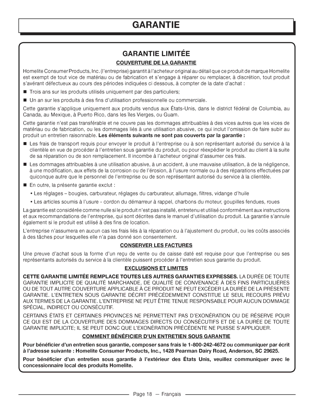 Homelite UT905011 Couverture DE LA Garantie, Conserver LES Factures, Comment Bénéficier D’UN Entretien Sous Garantie 