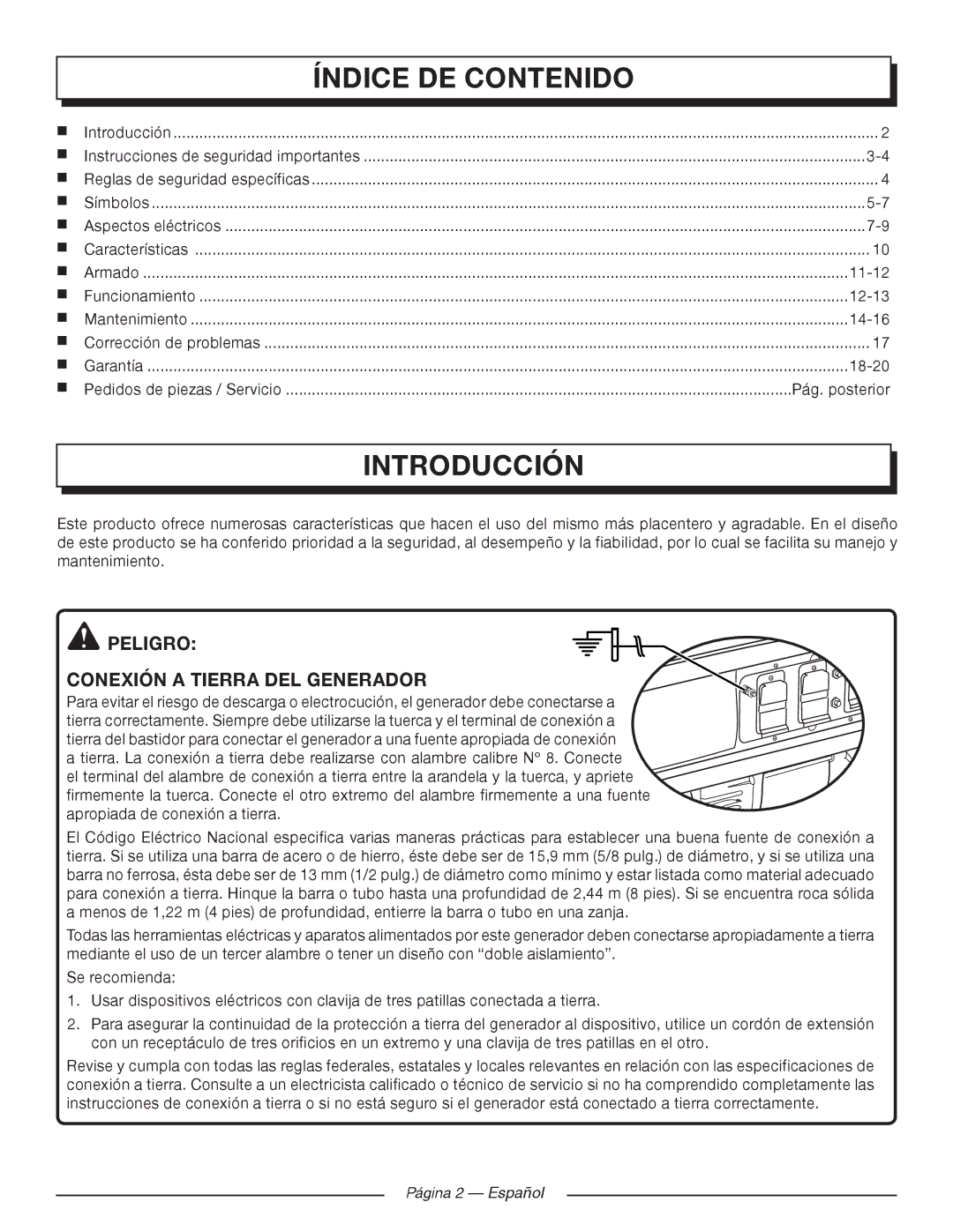 Homelite UT905011 Índice DE Contenido, Introducción, Peligro Conexión a Tierra DEL Generador, Pág. posterior 