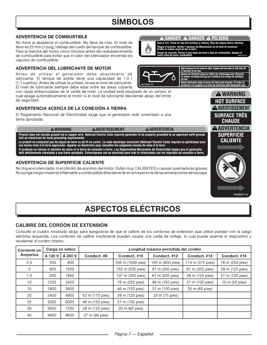 Homelite UT905011 manuel dutilisation Aspectos Eléctricos, Calibre DEL Cordón DE Extensión, Página 7 Español 