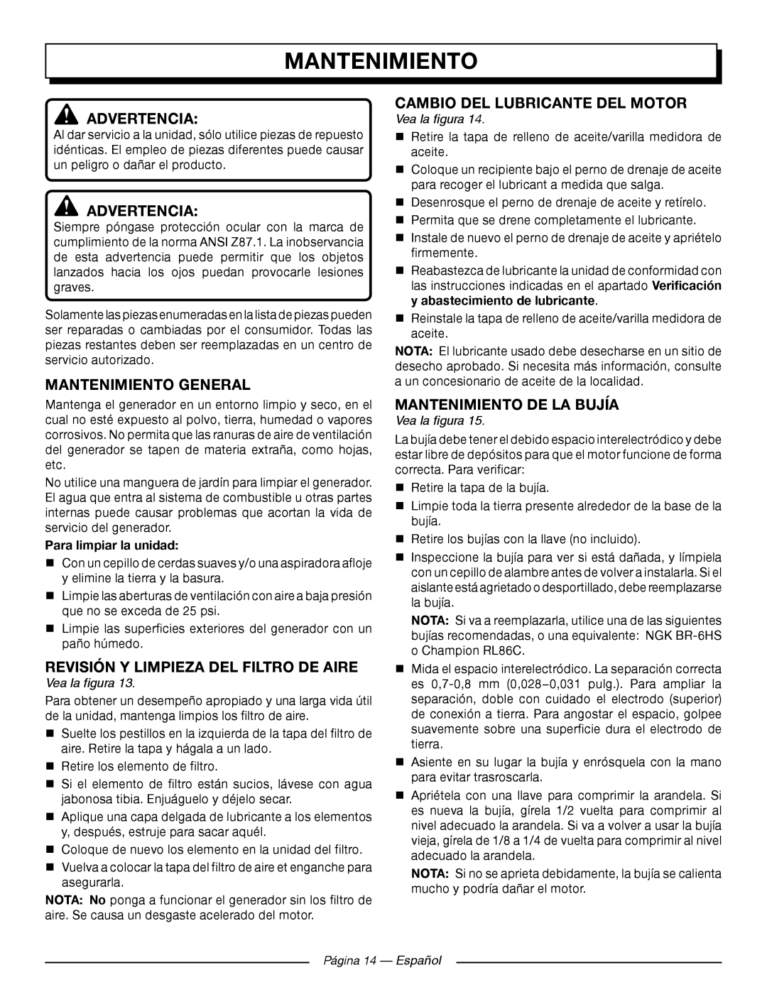 Homelite UT905011 Mantenimiento General, Revisión Y Limpieza DEL Filtro DE Aire, Cambio DEL Lubricante DEL Motor 