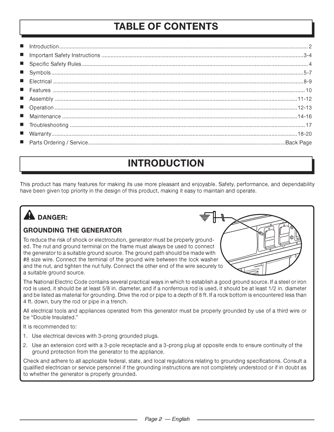 Homelite UT905011 manuel dutilisation Introduction, Table of Contents 