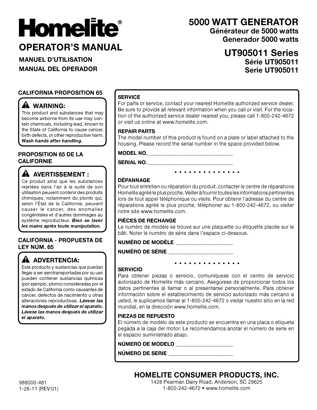 Homelite UT905011 manuel dutilisation OPERATOR’S Manual, Manuel D’UTILISATION, Manual DEL Operador, Avertissement  