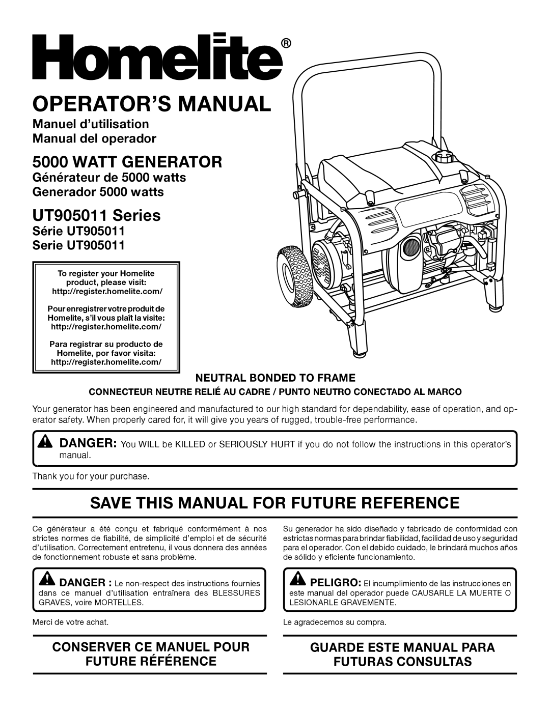 Homelite manuel dutilisation Watt Generator, UT905011 Series, Save This Manual For Future Reference, Operator’S Manual 