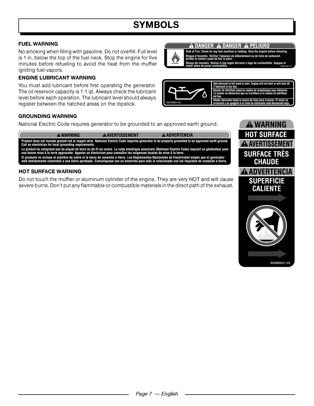 Homelite UT905011 Fuel Warning, Engine Lubricant Warning, Grounding Warning, Hot Surface Warning, Page 7 — English 
