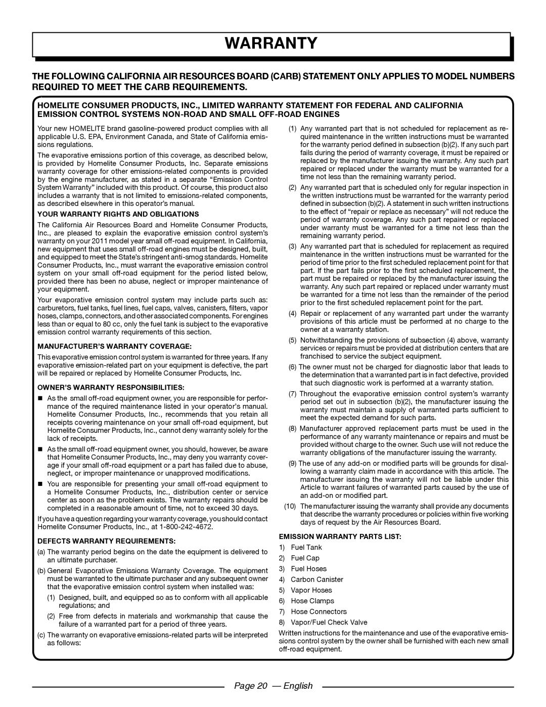 Homelite UT905011 Page 20 — English, Your Warranty Rights And Obligations, Manufacturer’S Warranty Coverage 