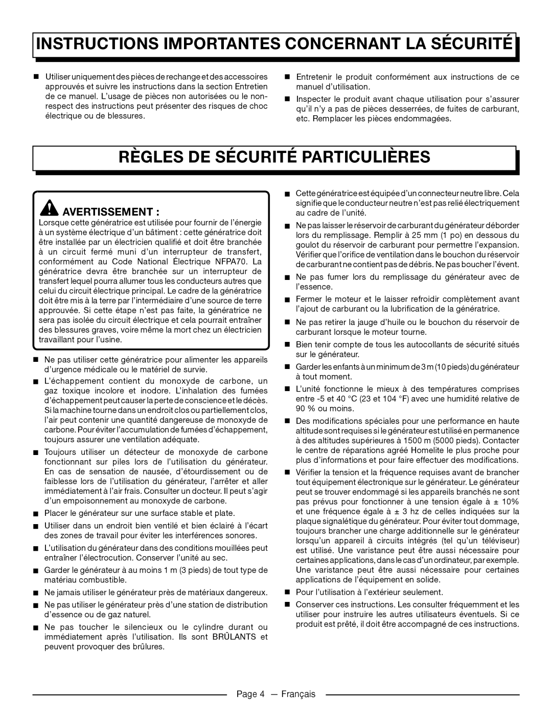 Homelite UT905011 Règles De Sécurité Particulières, Instructions Importantes Concernant La Sécurité, Avertissement 