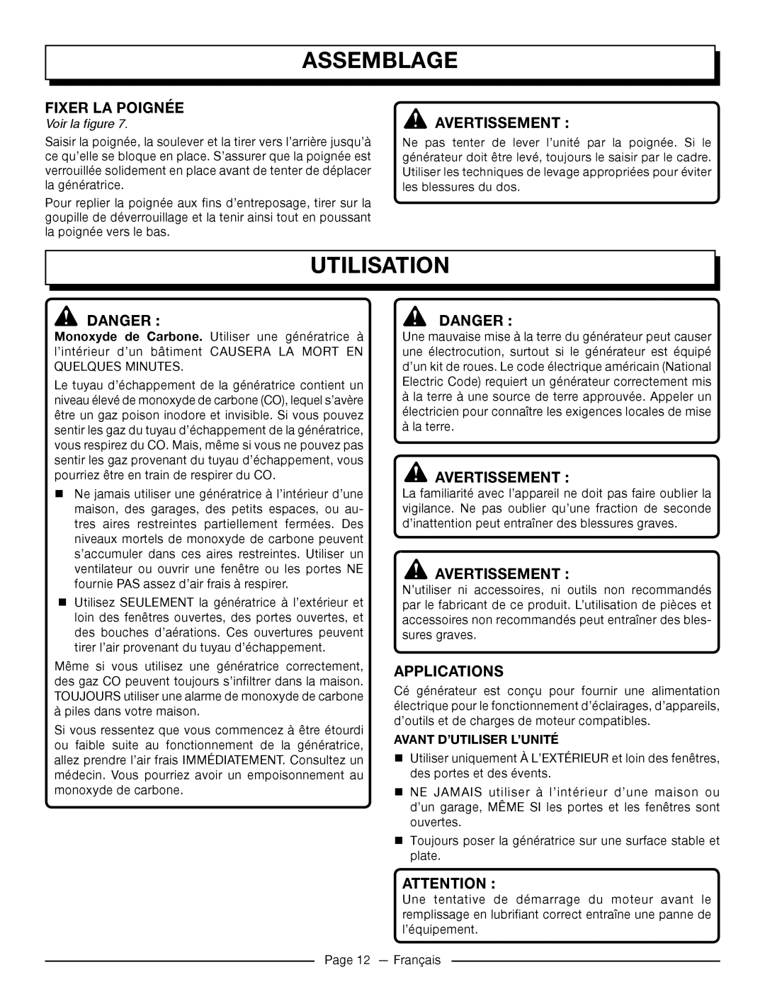 Homelite UT905011 Utilisation, Fixer La Poignée, Avant D’Utiliser L’Unité, Assemblage, Avertissement, Danger, Applications 