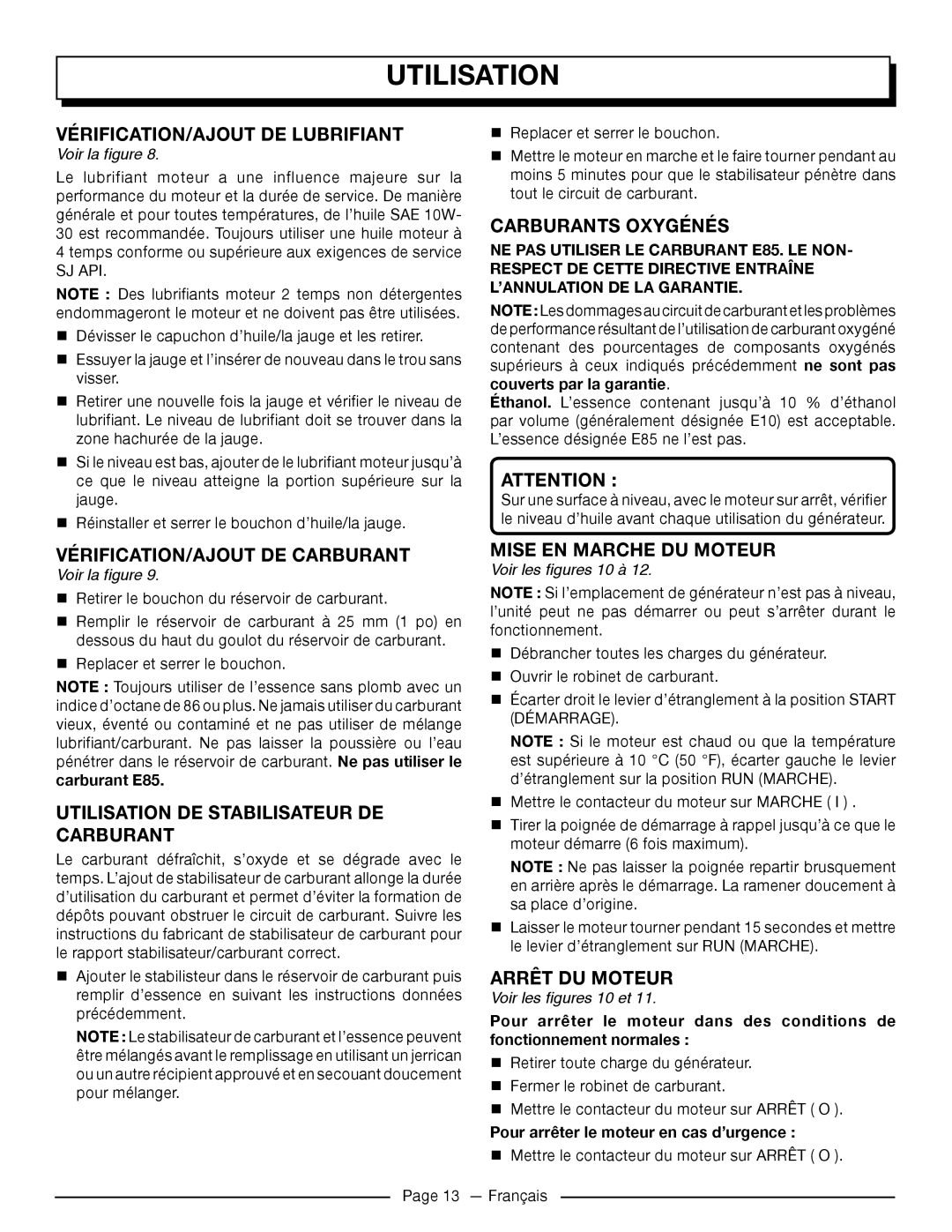 Homelite UT905011 Vérification/Ajout De Lubrifiant, Carburants Oxygénés, Vérification/Ajout De Carburant, Arrêt Du Moteur 
