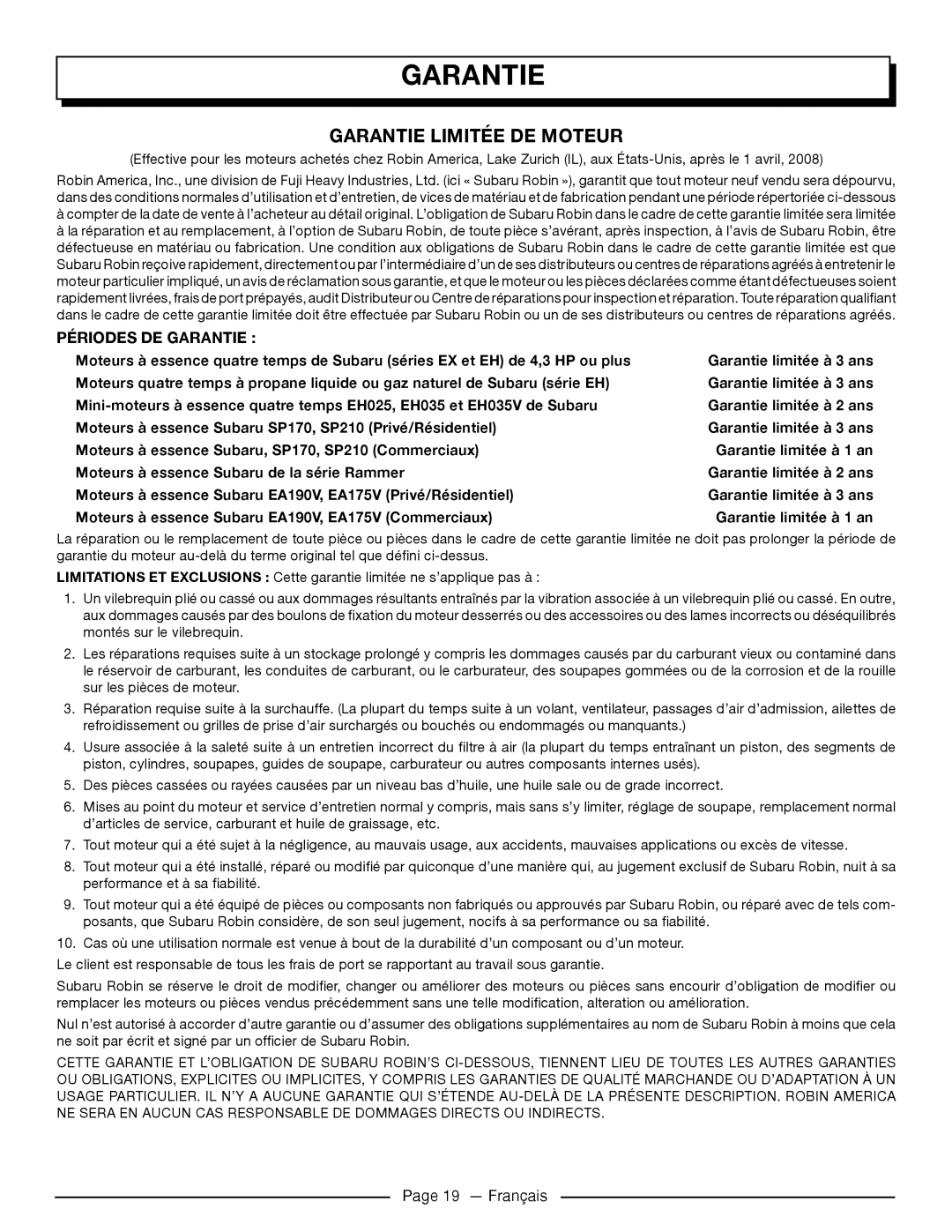 Homelite UT905011 manuel dutilisation Garantie Limitée De Moteur, Périodes De Garantie  