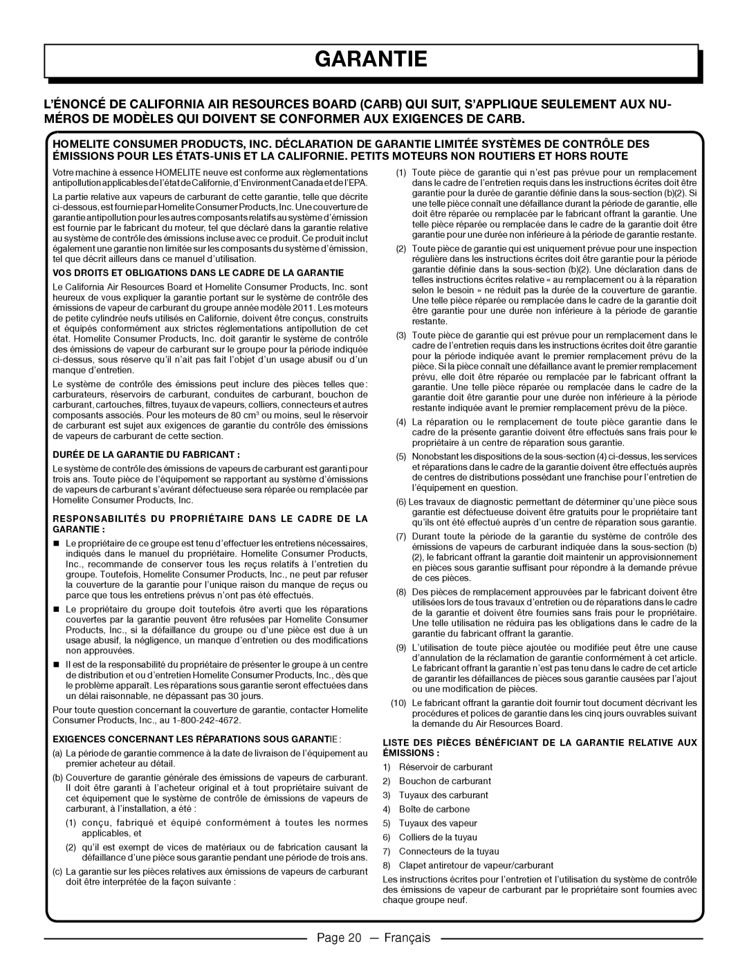 Homelite UT905011 manuel dutilisation Garantie, Page 20 — Français 
