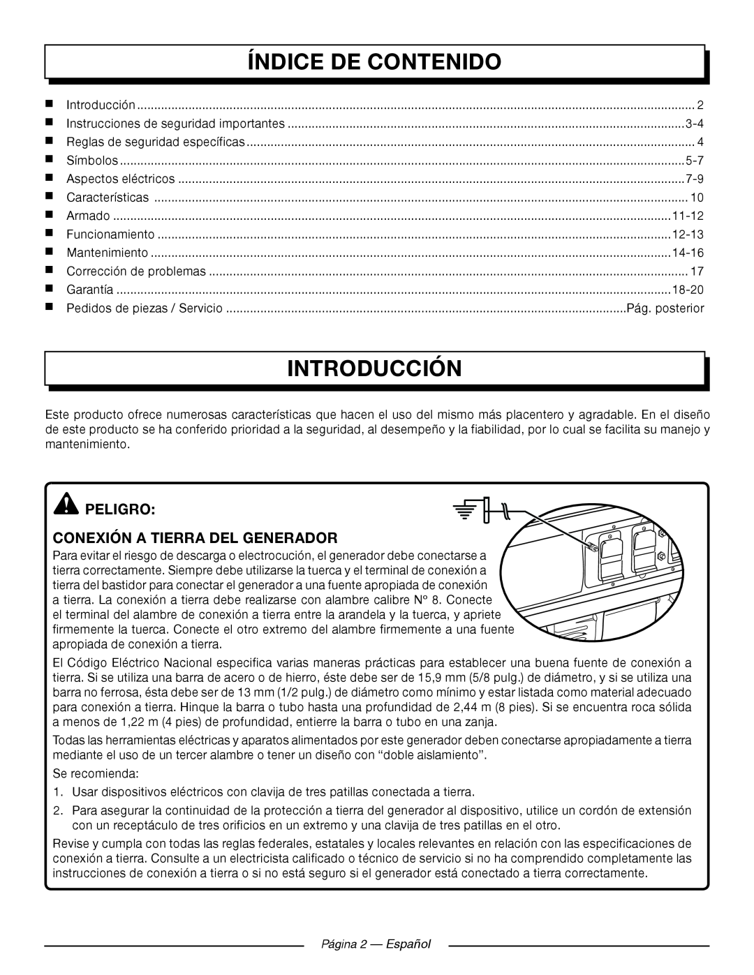 Homelite UT905011 Índice De Contenido, Introducción, Peligro Conexión A Tierra Del Generador, Pág. posterior, 11-12, 12-13 