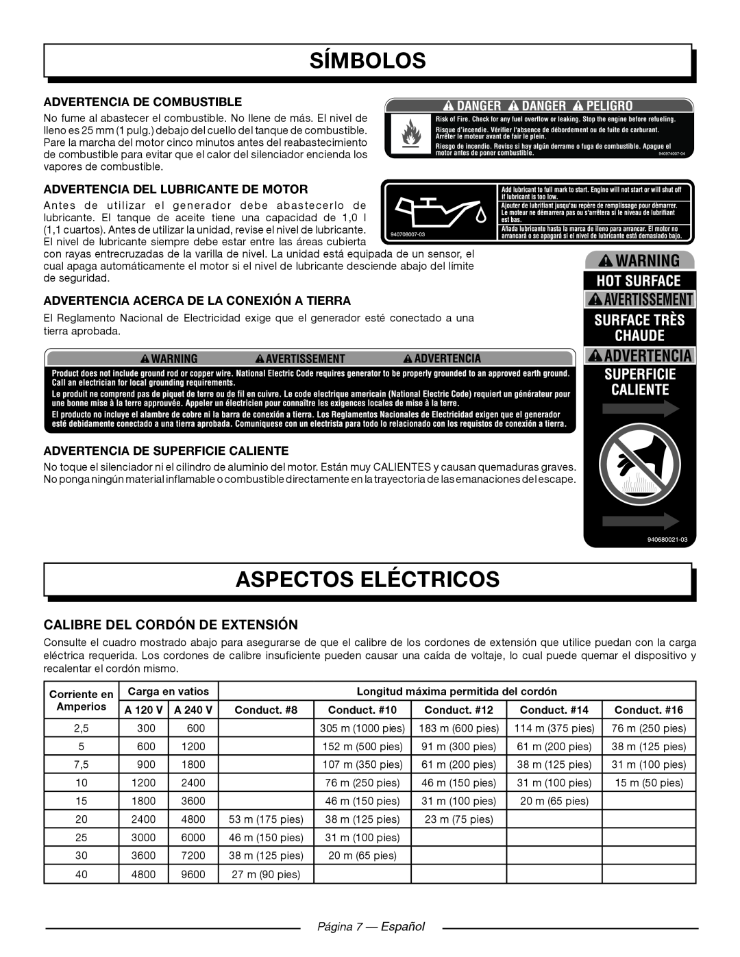 Homelite UT905011 Aspectos Eléctricos, Calibre Del Cordón De Extensión, Advertencia De Combustible, Página 7 — Español 