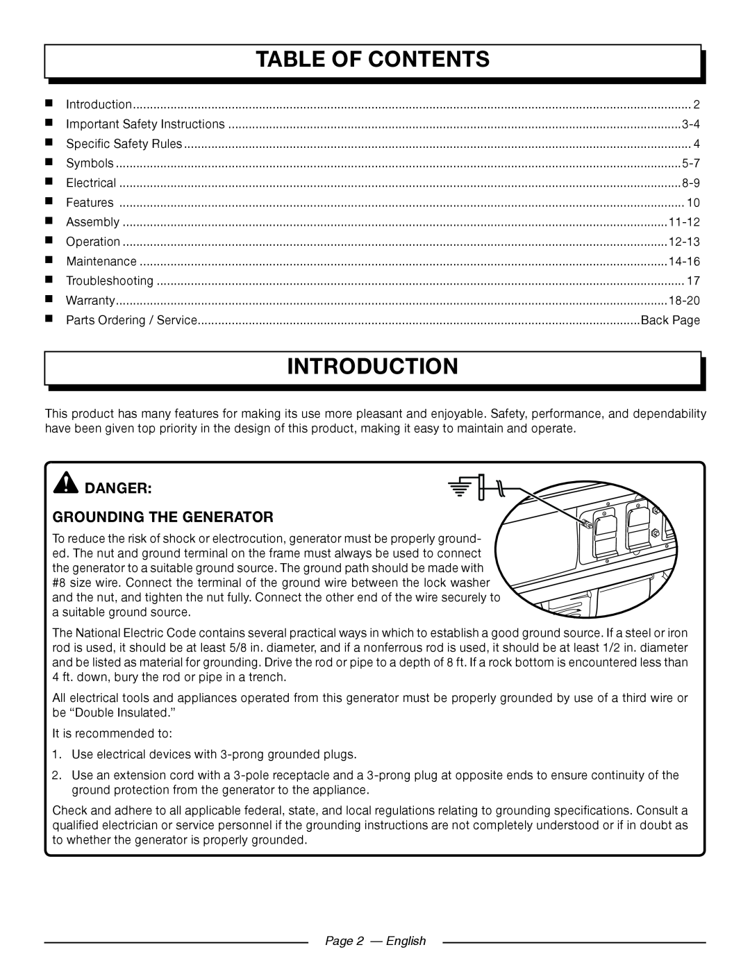 Homelite UT905011 manuel dutilisation Introduction, Table Of Contents, Danger Grounding The Generator, Page 2 — English 