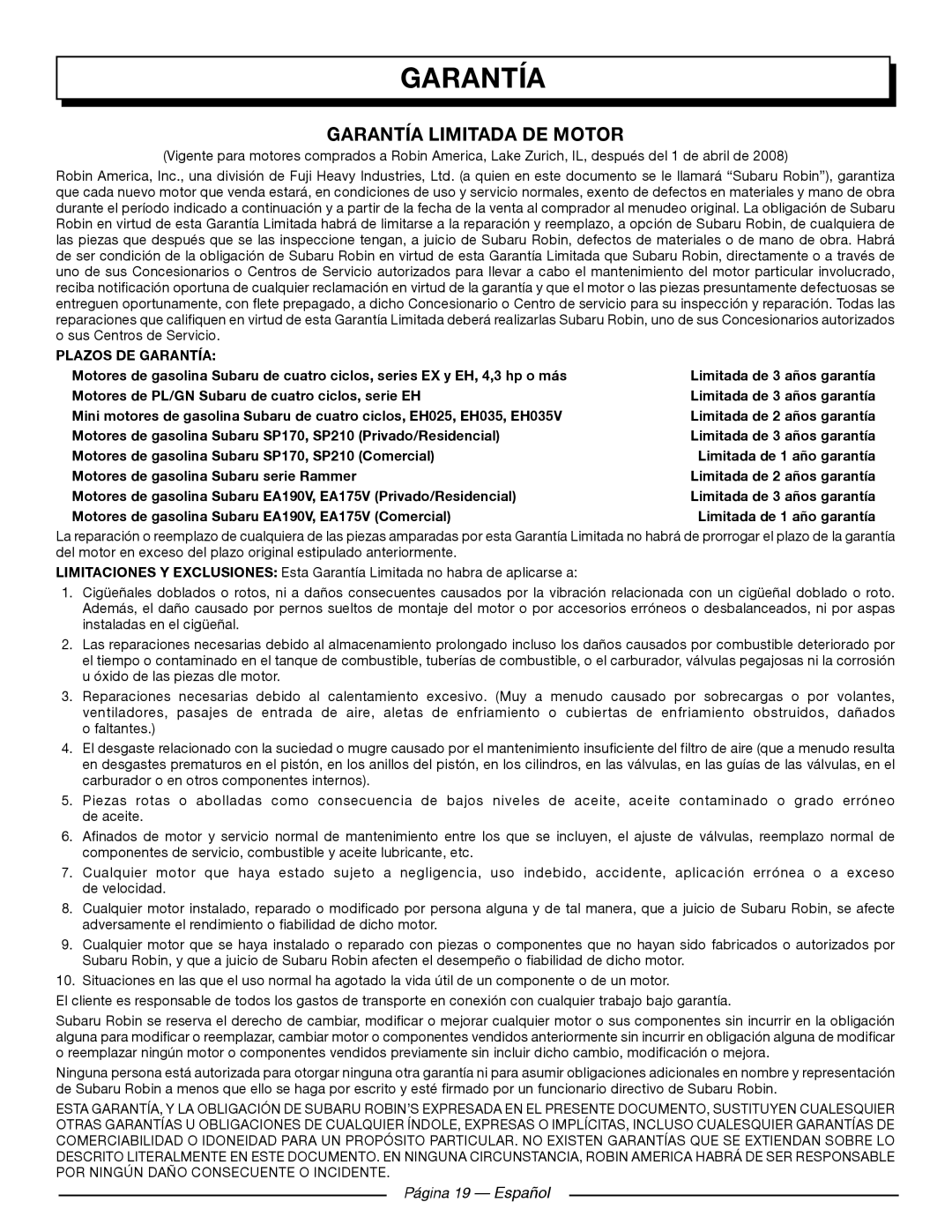 Homelite UT905011 manuel dutilisation Garantía Limitada De Motor, Página 19 — Español, Plazos De Garantía 