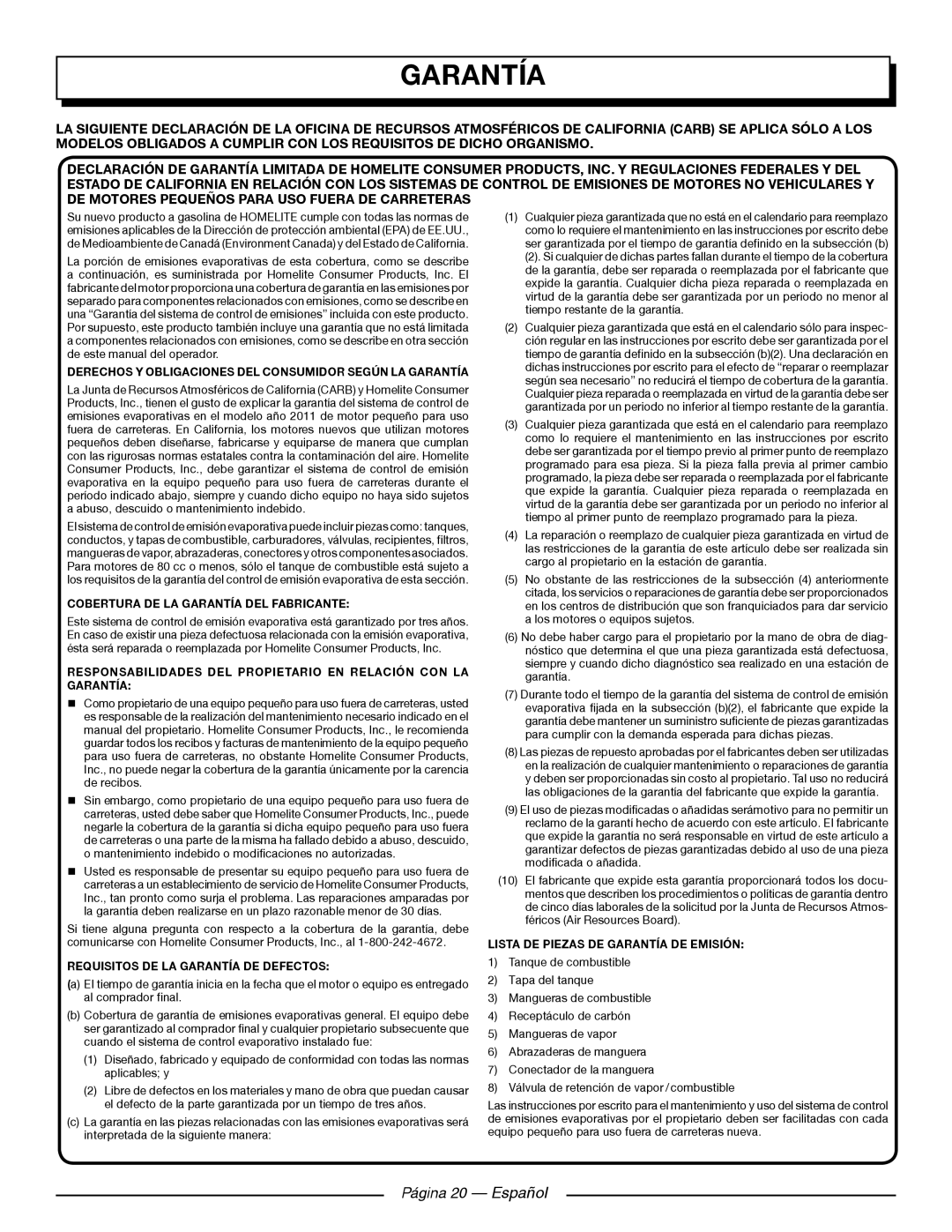 Homelite UT905011 Página 20 — Español, Cobertura De La Garantía Del Fabricante, Requisitos De La Garantía De Defectos 