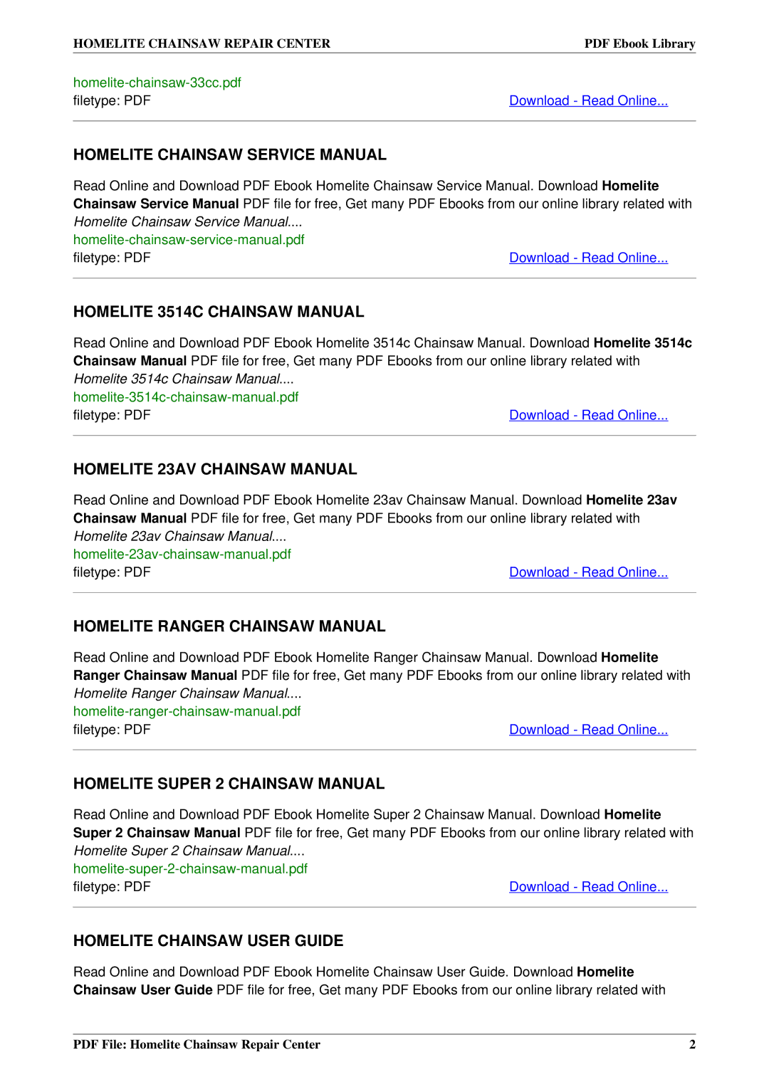 Homelite XLT, XL1, 33CC manual Homelite 3514C Chainsaw Manual 