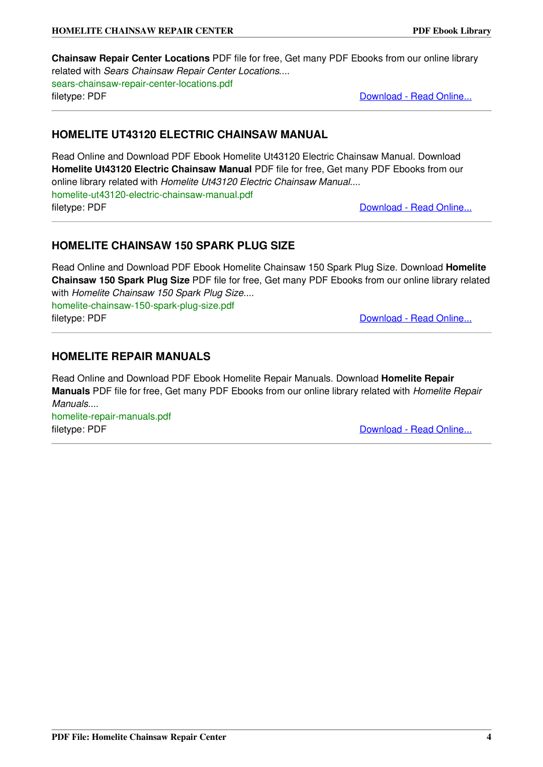 Homelite 33CC, XL1, XLT manual Homelite UT43120 Electric Chainsaw Manual 