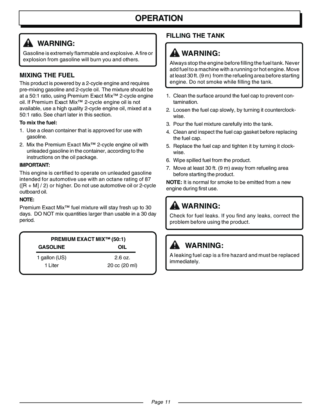 Homelite ZR08107 manual Operation, Mixing the Fuel, Filling the Tank 