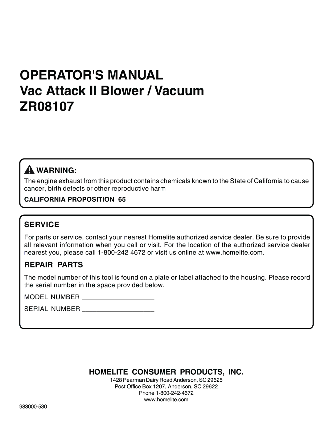 Homelite ZR08107 manual Service Repair Parts, California Proposition 