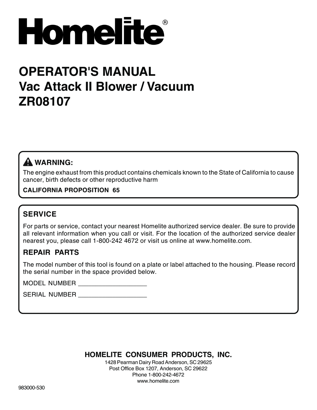 Homelite ZR08107 Service, Repair Parts, Homelite Consumer Products, Inc, OPERATORS MANUAL Vac Attack II Blower / Vacuum 