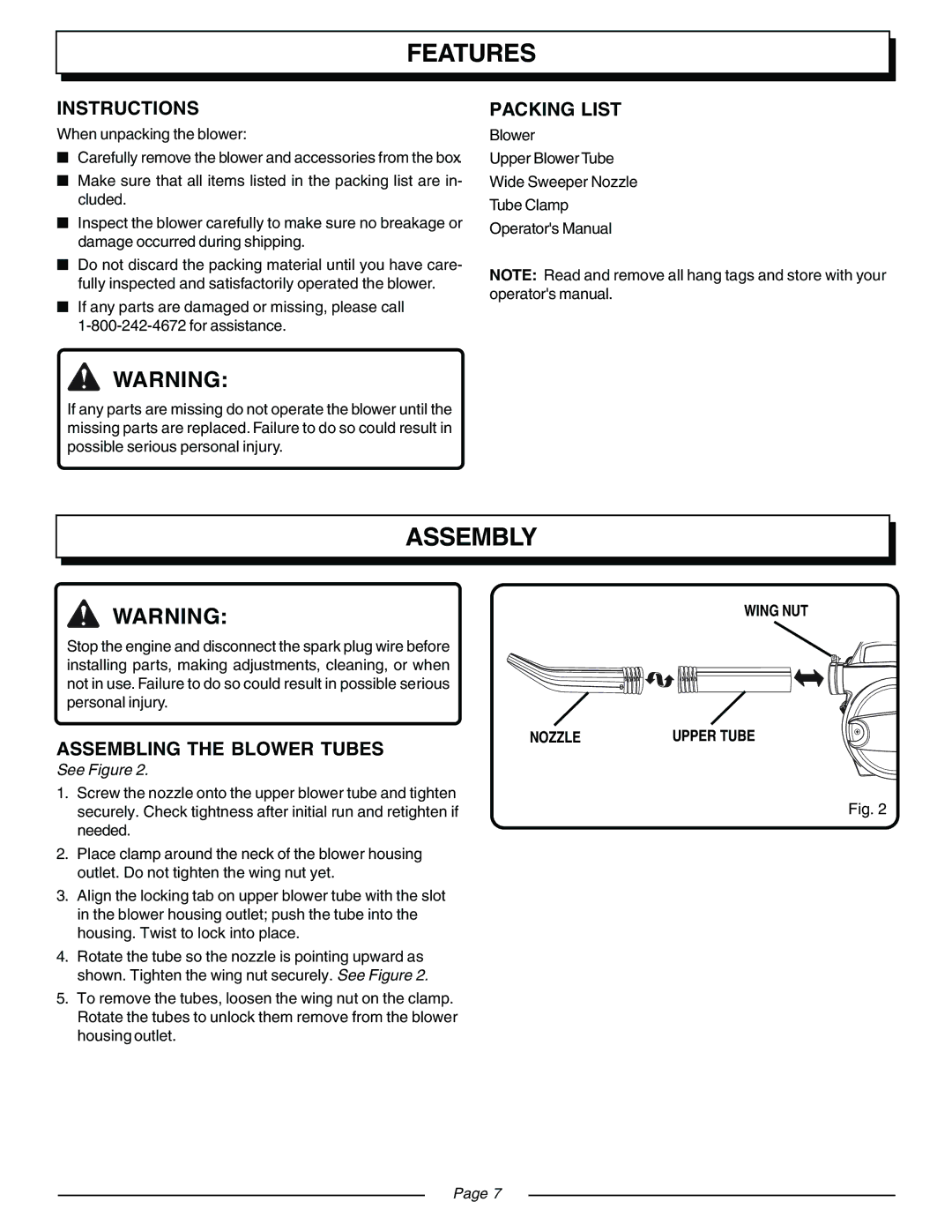 Homelite ZR08110 manual Features, Assembly, Instructions, Packing List, Assembling the Blower Tubes 