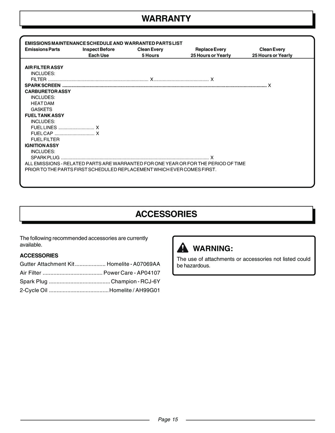 Homelite ZR08110 Accessories, Warranty, Page, Homelite - A07069AA, Emissions Maintenance Schedule And Warranted Parts List 