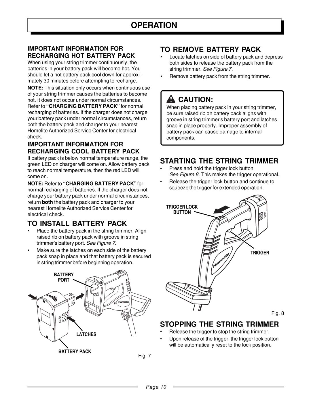 Homelite ZR31810 To Install Battery Pack, To Remove Battery Pack, Starting the String Trimmer, Stopping the String Trimmer 