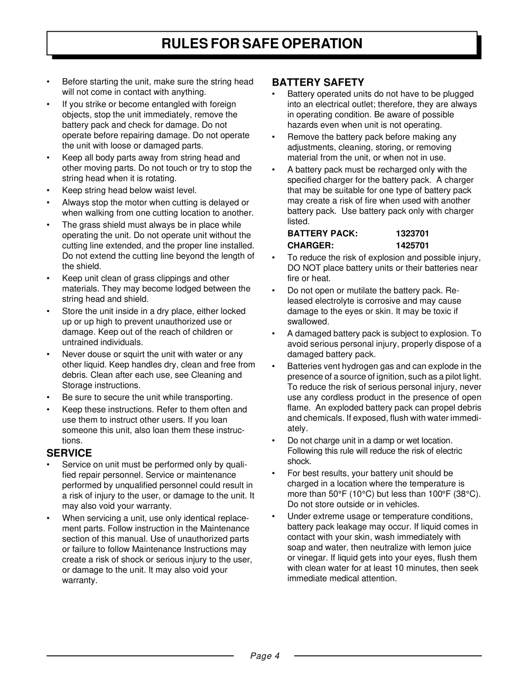 Homelite ZR31810 manual Service, Battery Safety, Battery Pack, Charger 