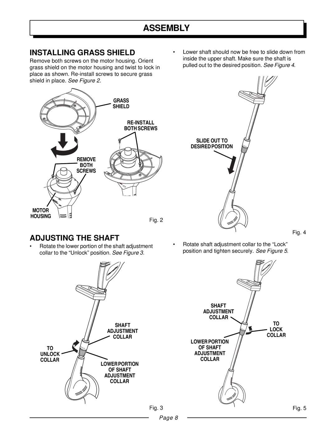 Homelite ZR31810 manual Assembly, Installing Grass Shield, Adjusting the Shaft 