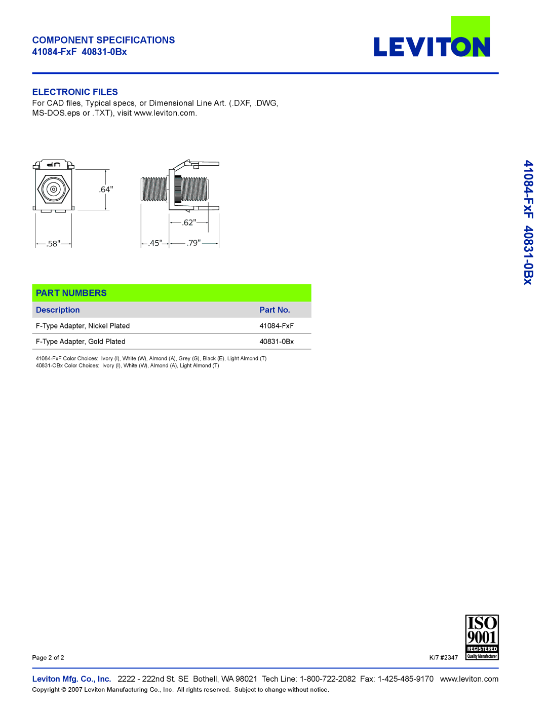 HomeTech 41084-FxF, 40831-0Bx warranty Electronic Files, Part Numbers, Description, Leviton Mfg. Co., Inc 